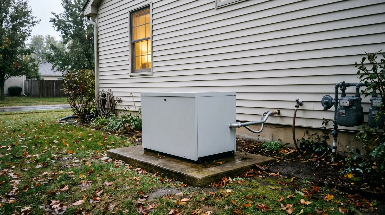 A gray home standby generator on a concrete pad beside a house, after rain